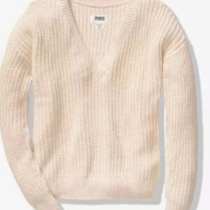 NWT Victoria's Secret PINK boyfriend V Neck Beige Sweater  922
